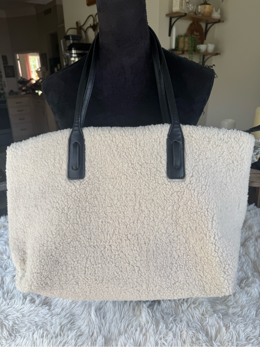 Teddy Sherpa Tote Bag with Black Straps